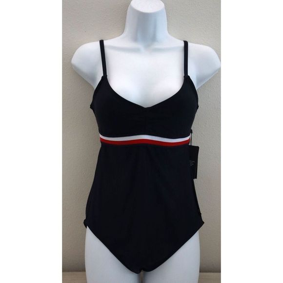 Tommy Hilfiger TZ2MS745 Sz M Sky Captain Logo Stripe Cross Back 1-Pc Swimsuit$98 - Picture 1 of 10